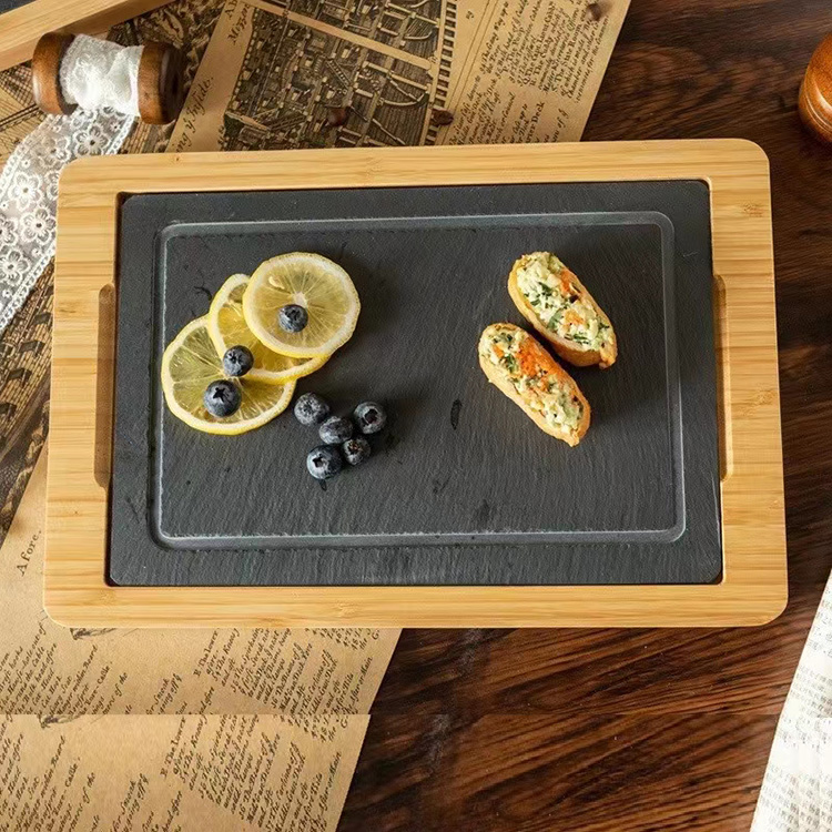  Best Selling Home Decor Natural Black Slate Stone splicing wood Serving Tray Set